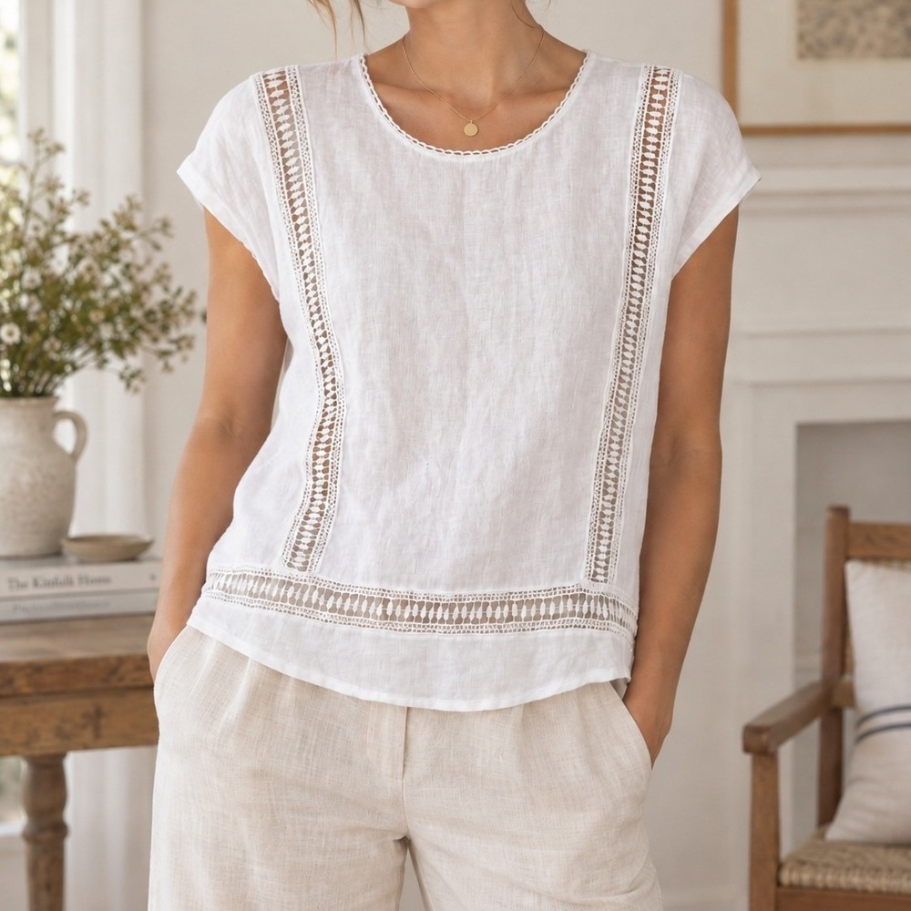 Alessia Pacini Italy White Linen Crochet Lace Cap Sleeve Blouse Top Large